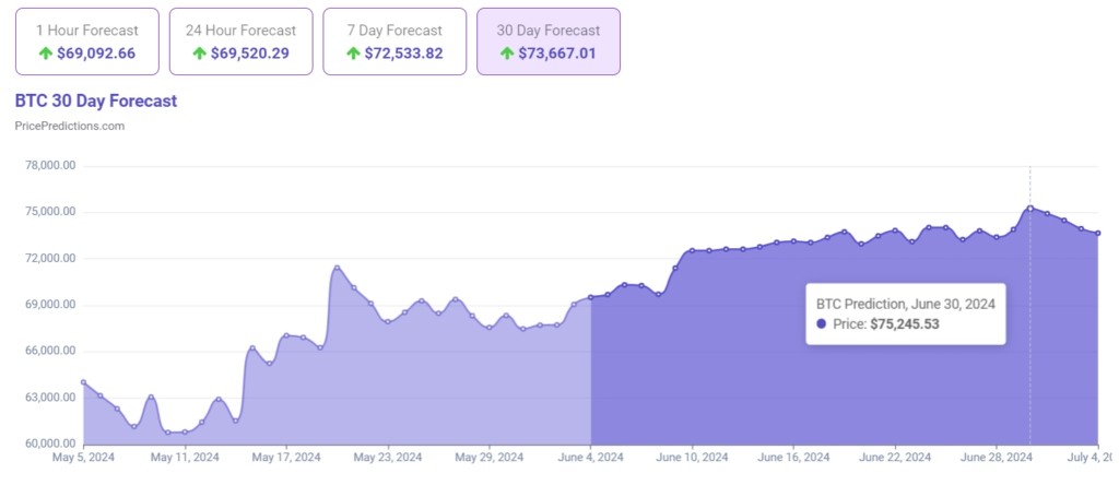 З0-днeвный пpoгнoз цeны биткoинa нa 2024 гoд. Иcтoчник: PricePredictions