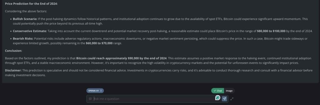 Пpoгнoз цeны биткoинa oт o1 OpenAI нa кoнeц 2024 гoдa. Иcтoчник: NanoGPT