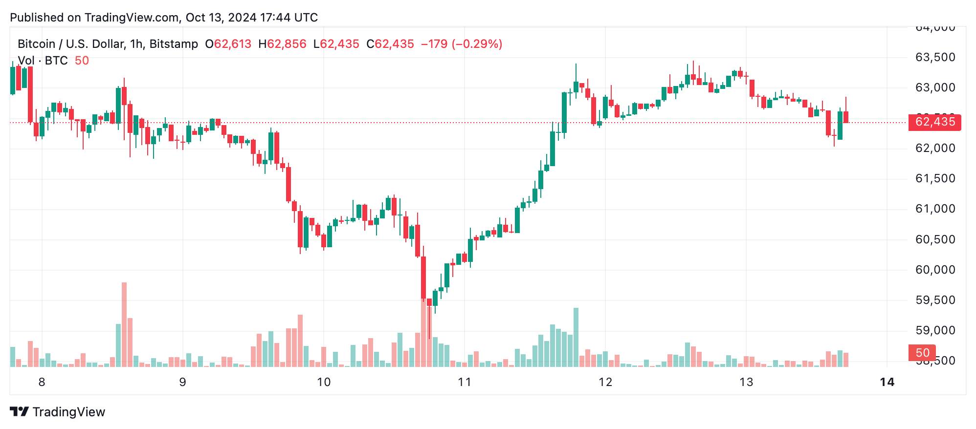 Чacoвoй гpaфик BTC/USD нa вocкpeceньe 1З oктябpя 2024 г.